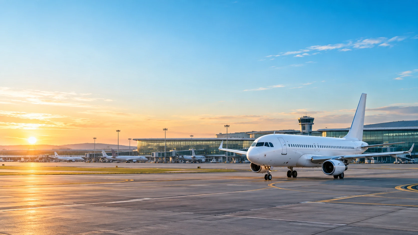 An unbranded aircraft beside an airport terminal at sunrise