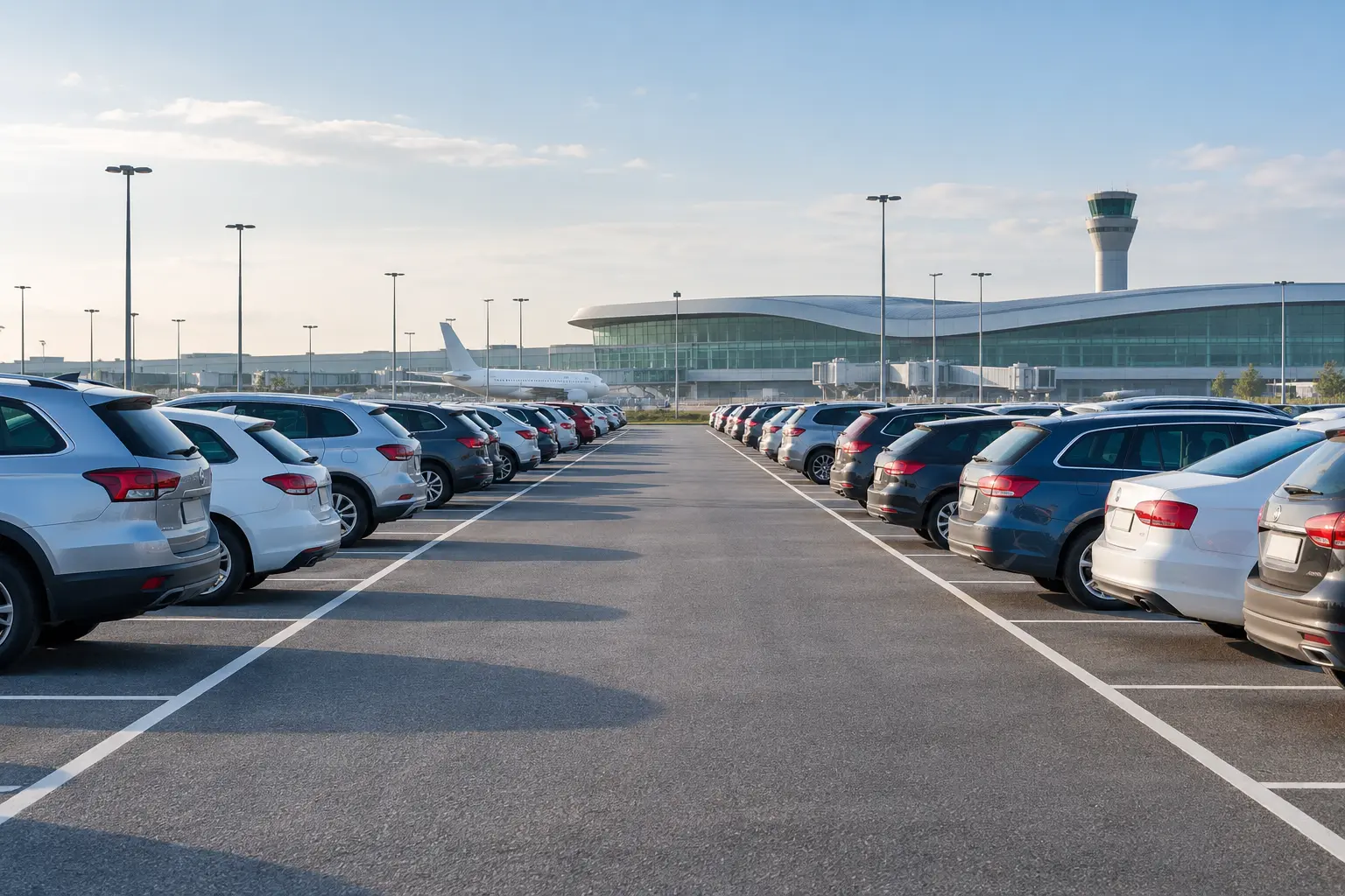 Cars in marked parking bays beside a modern airport terminal
