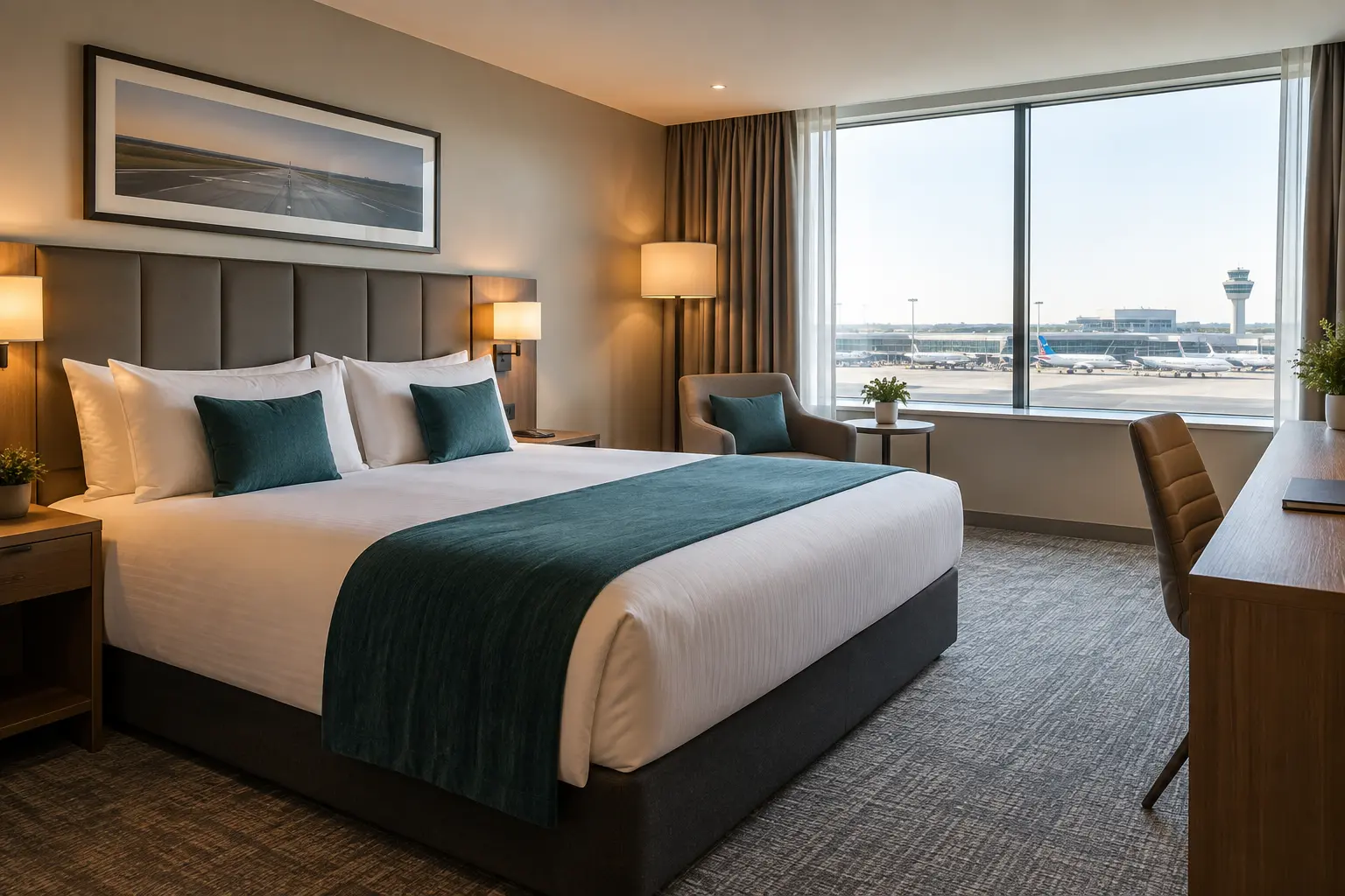 A bright contemporary hotel room with a neatly made bed and warm bedside lighting